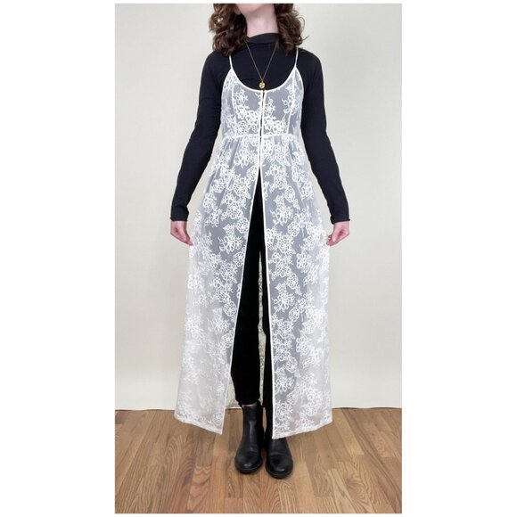 Vintage Embroidered Floral Lace Sheer Mesh Duster Cardigan Maxi Dress Coat Boho - Picture 6 of 10